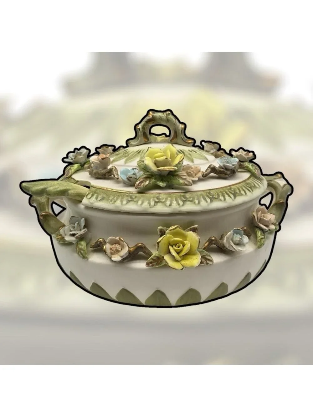 Lenwile Ardalt Fine Tureen, Lid and Ladle Set # 7004 Capodimonte Style Flowers